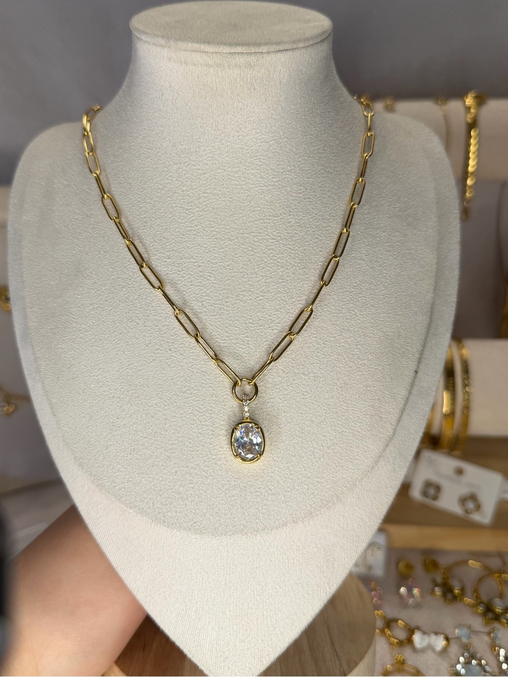 Gold  Paperclip Chain Necklace with Oval Crystal CZ Pendant